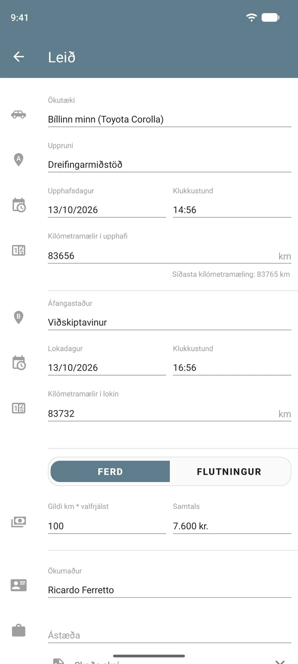 Skráning ferðar með upphafsstað, áfangastað, stöðu kílómetramælis, verði á hverja fjarlægðareiningu og heildarfjárhæð
