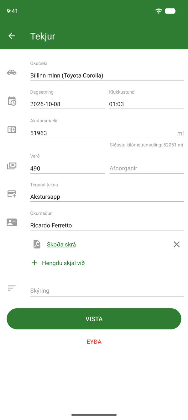 Skráning tekna af akstursþjónustu með upphæð, dagsetningu og kílómetramæli
