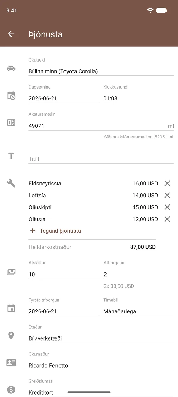 Skráning þjónustu í Drivvo með olíuskiptum, síum, kostnaði, kílómetramæli og staðsetningu