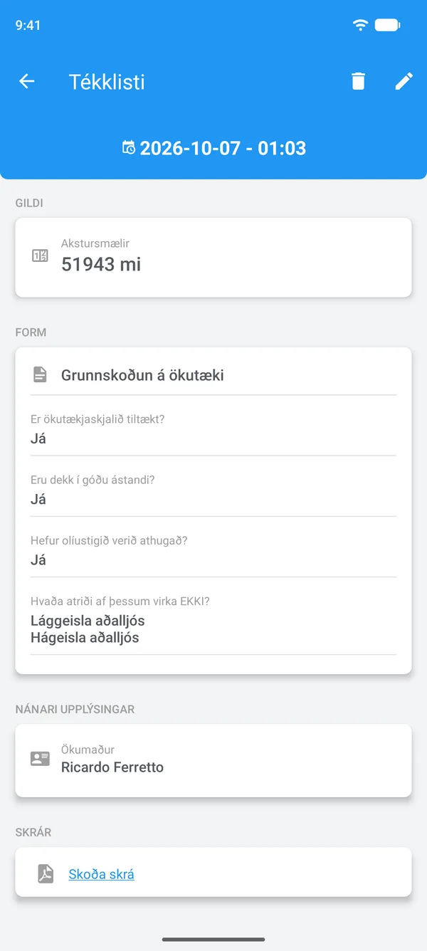 Útfylltur tékklisti í Drivvo, með svörum, ökumanni og viðhengi