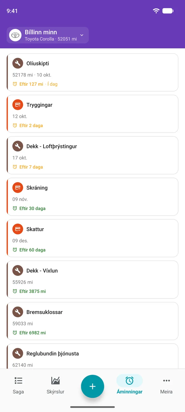 Áminningar í Drivvo-appinu um þjónustu, skráningu og skatta, ásamt því hve langt er í gjalddaga hvers liðar
