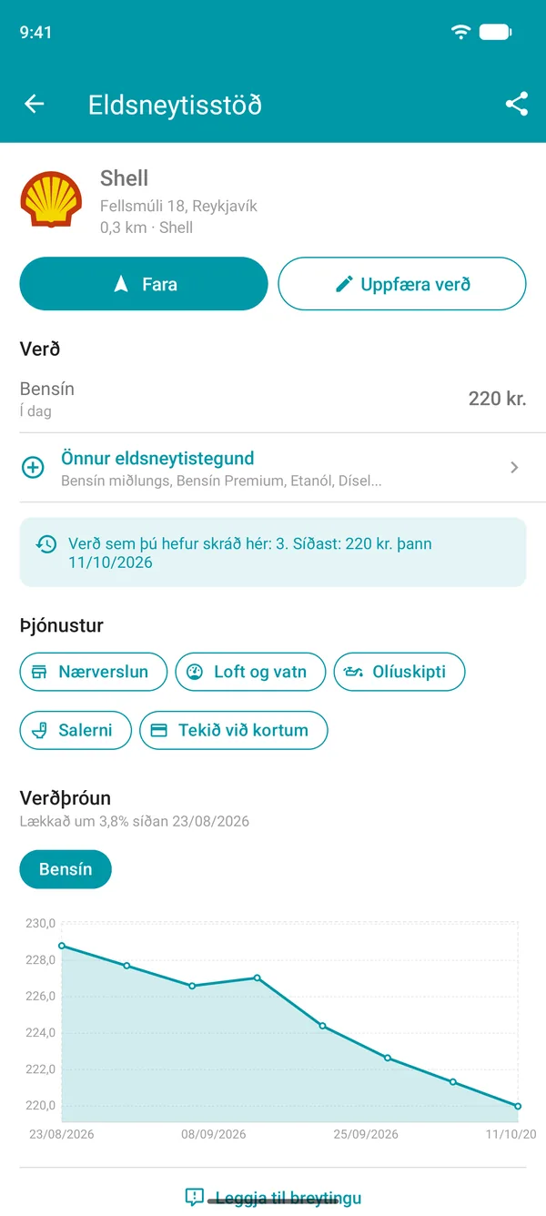 Upplýsingar um eldsneytisstöð í Drivvo með eldsneytisverði, þjónustu og línuriti yfir verðsögu