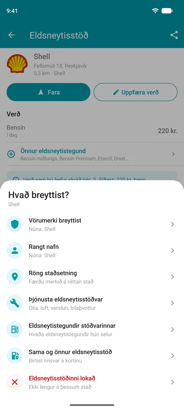 Valkostir fyrir Leggja til breytingu í Drivvo: vörumerki, heiti, staðsetning, þjónusta, eldsneytistegundir, tvítekin eða lokuð stöð