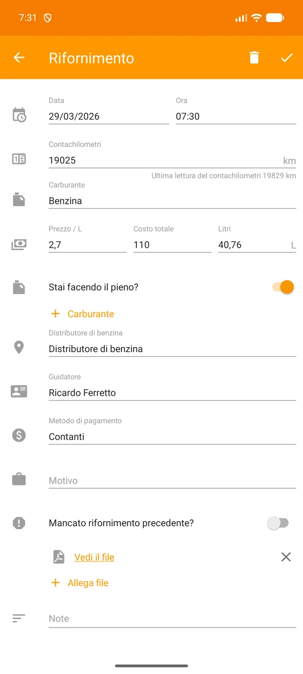 Drivvo — Registrazione — Monitoraggio del carburante