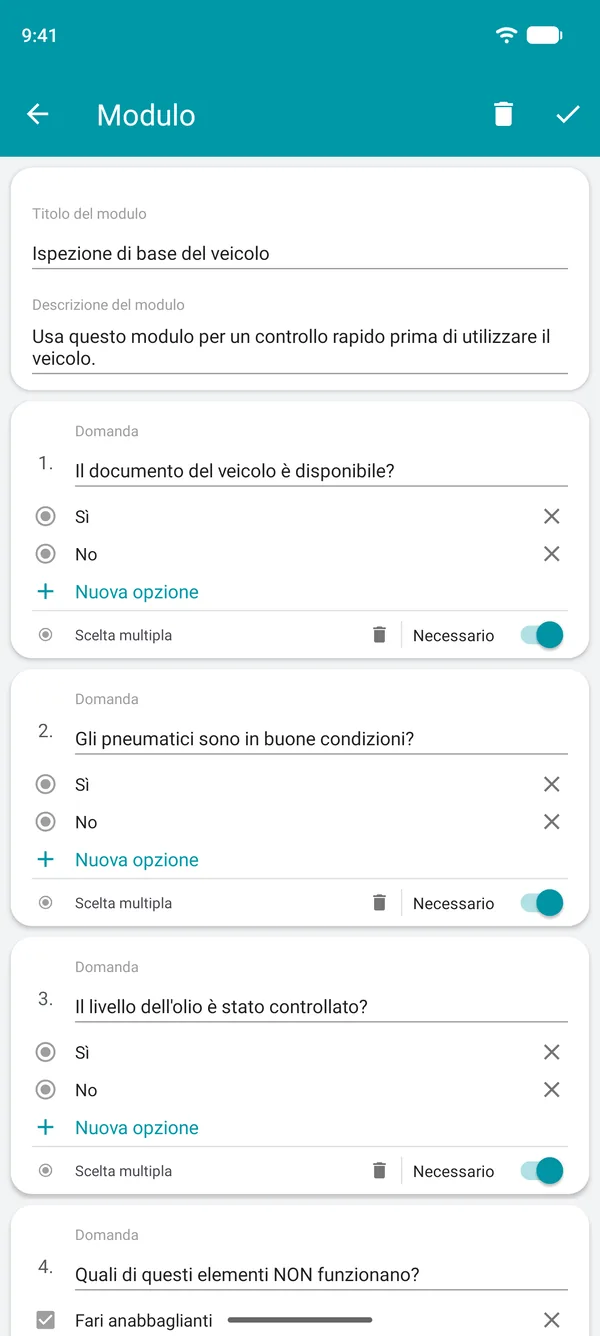Creazione di un modulo per la lista di controllo nell'app Drivvo, con domande sì o no e un campo obbligatorio
