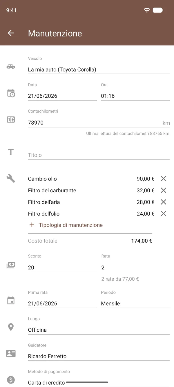 Manutenzione registrata in Drivvo con cambio olio, filtri, costi, contachilometri e luogo