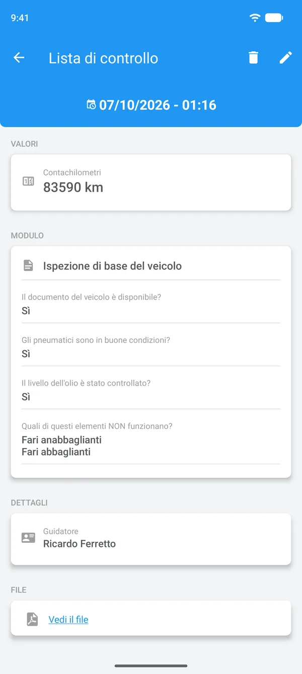 Lista di controllo completata in Drivvo, con le risposte, il conducente e il file allegato