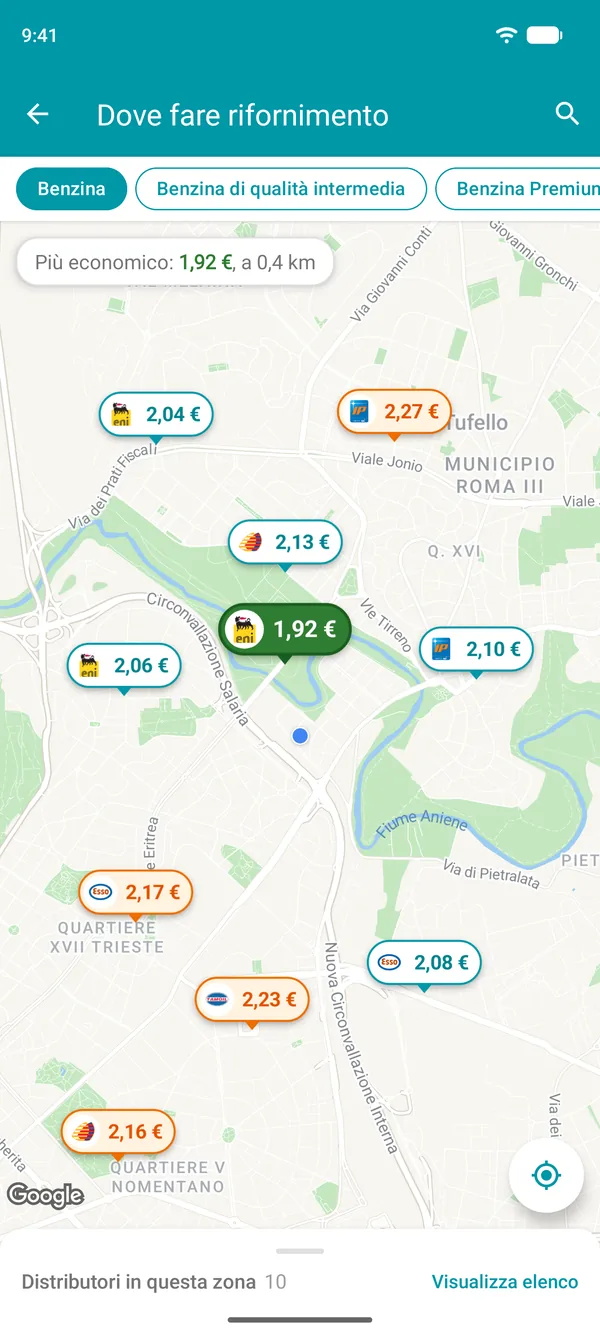 Mappa nell'app Drivvo con il prezzo della benzina in ogni distributore di benzina vicino a te e il più economico in verde