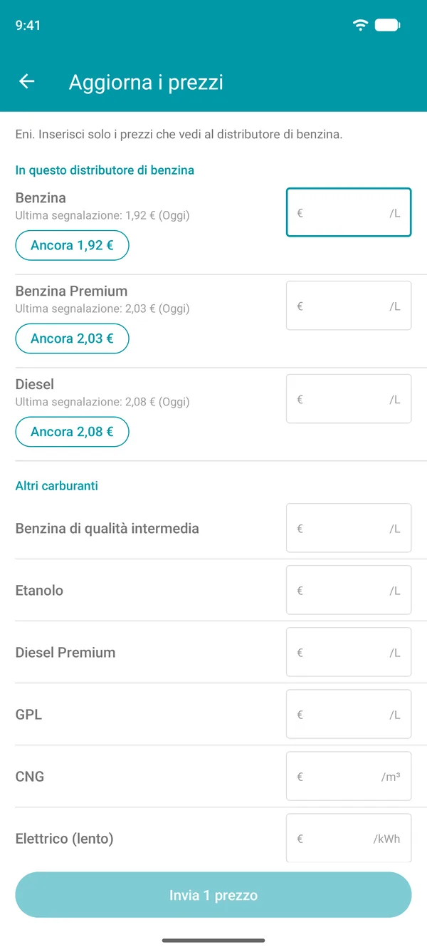 Schermata Aggiorna i prezzi nell'app Drivvo, con l'ultimo prezzo segnalato per ogni carburante e un pulsante per confermarlo