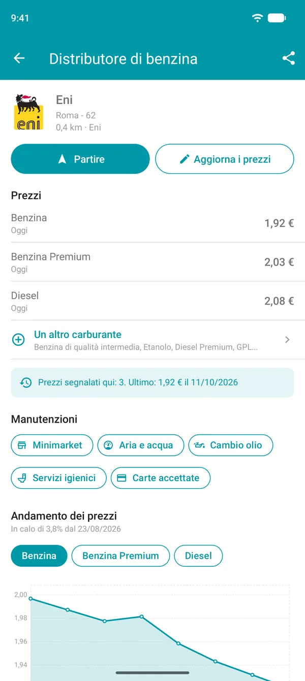 Dettagli di un distributore di benzina nell'app Drivvo con prezzi dei carburanti, servizi e grafico dello storico dei prezzi