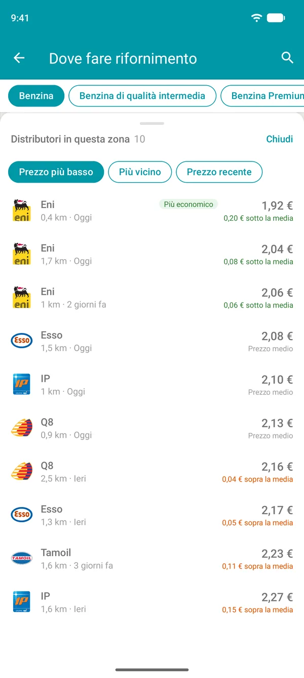 Elenco dei distributori di benzina vicino a te nell'app Drivvo, dal prezzo più basso, con la possibilità di ordinare per distanza