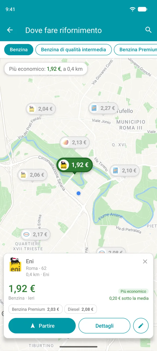 Il distributore più economico aperto nell'app Drivvo, con i prezzi del carburante, la distanza e il pulsante Partire