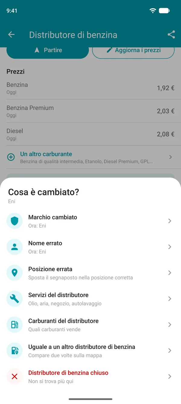 Opzioni di Suggerisci una modifica nell'app Drivvo: marchio, nome, posizione, servizi, carburanti, distributore duplicato o chiuso