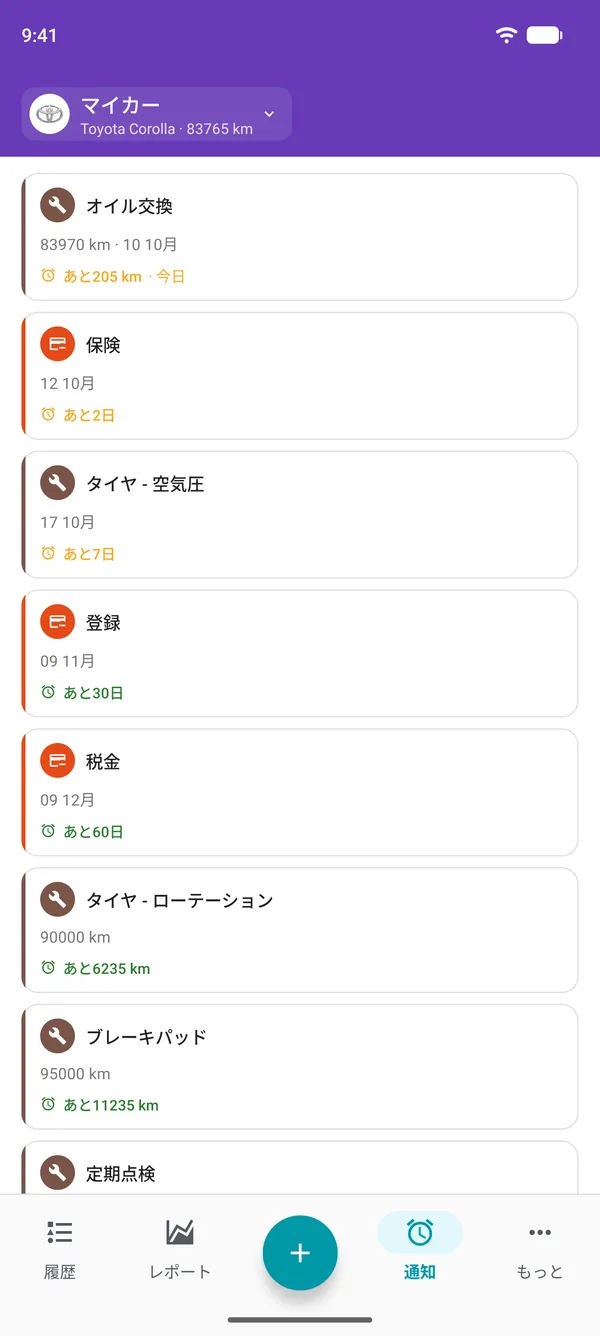 整備、車両登録、税金の期限までの日数を表示するDrivvoアプリのリマインダー