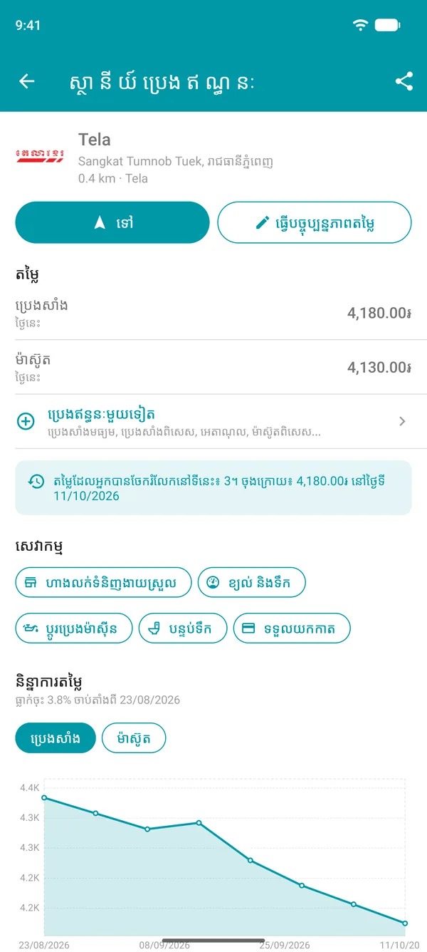 ព័ត៌មានលម្អិតអំពីស្ថានីយប្រេងឥន្ធនៈក្នុងកម្មវិធី Drivvo ដែលមានតម្លៃប្រេងឥន្ធនៈ សេវាកម្ម និងក្រាហ្វប្រវត្តិតម្លៃ
