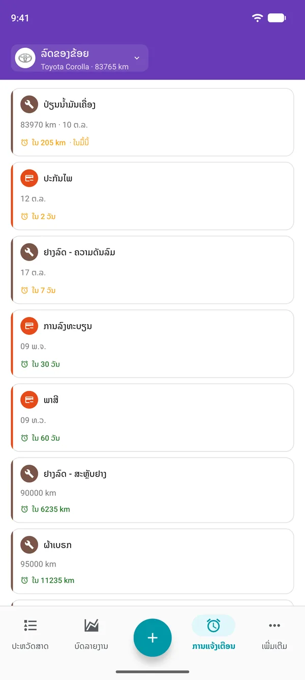 ການແຈ້ງເຕືອນໃນແອັບ Drivvo ສຳລັບການບຳລຸງຮັກສາ, ການຈົດທະບຽນ ແລະພາສີ ພ້ອມເວລາທີ່ເຫຼືອກ່ອນຮອດກຳນົດ