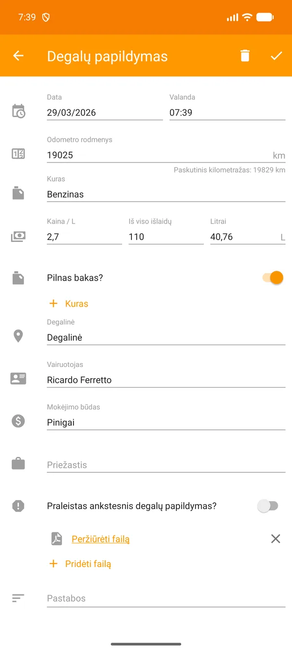 Drivvo — Registracija — Degalų papildymas