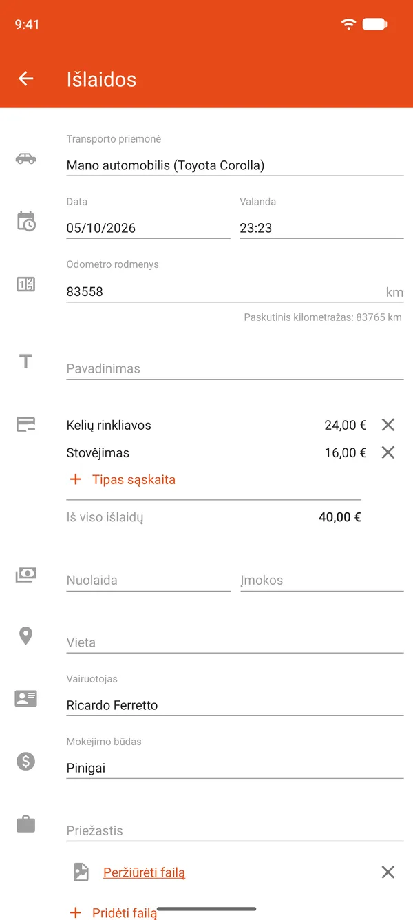 Išlaidų įrašas su stovėjimo ir kelių mokesčiais, nuolaida bei mokėjimu dalimis