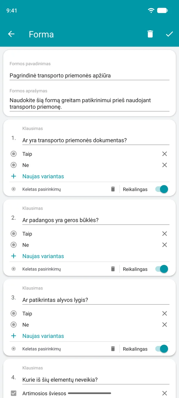 Kontrolinio sąrašo kūrimas Drivvo programėlėje su taip arba ne klausimais ir privalomu lauku