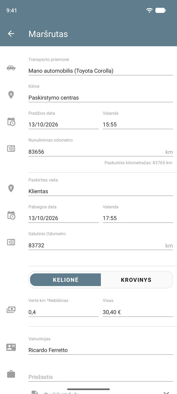 Kelionės režimo maršruto įrašas su išvykimo ir atvykimo vietomis, odometro rodmenimis, įkainiu už atstumą ir bendra suma