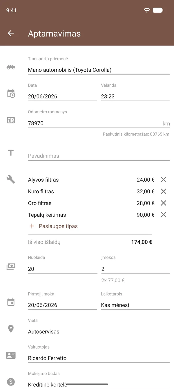Techninio aptarnavimo įrašas Drivvo su tepalų keitimu, filtrais, išlaidomis, odometro rodmenimis ir vieta