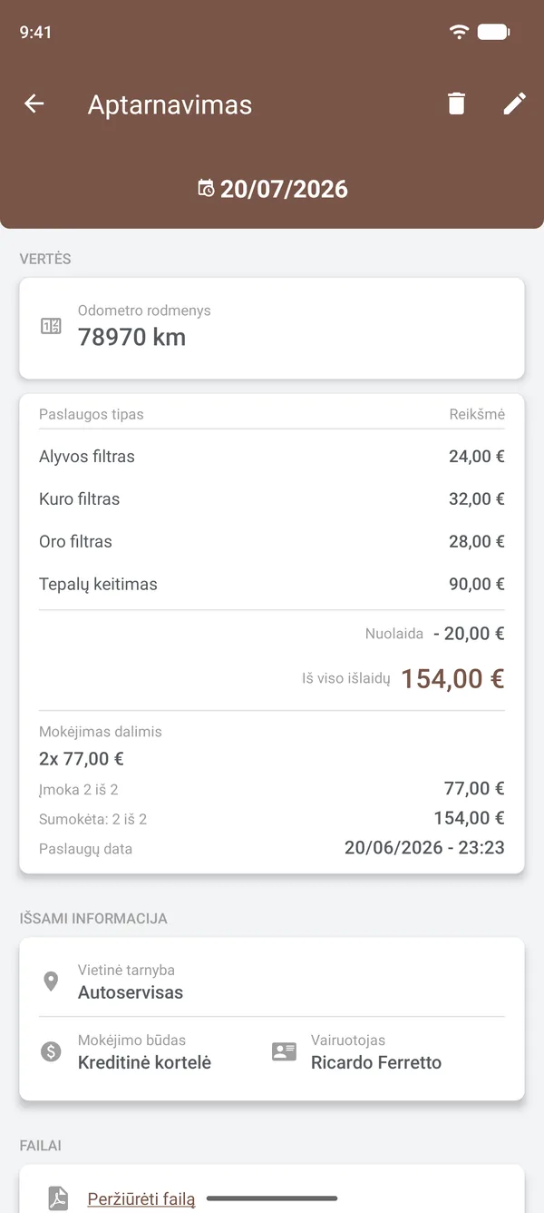 Techninio aptarnavimo informacija: darbai, nuolaida, mokėjimas dalimis, vieta ir vairuotojas