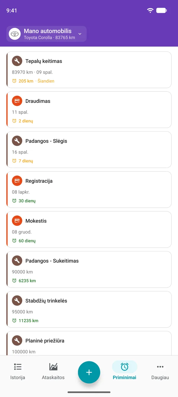 Drivvo programėlės priminimai apie techninę priežiūrą, registraciją ir mokesčius, nurodant, kiek laiko liko iki kiekvieno termino