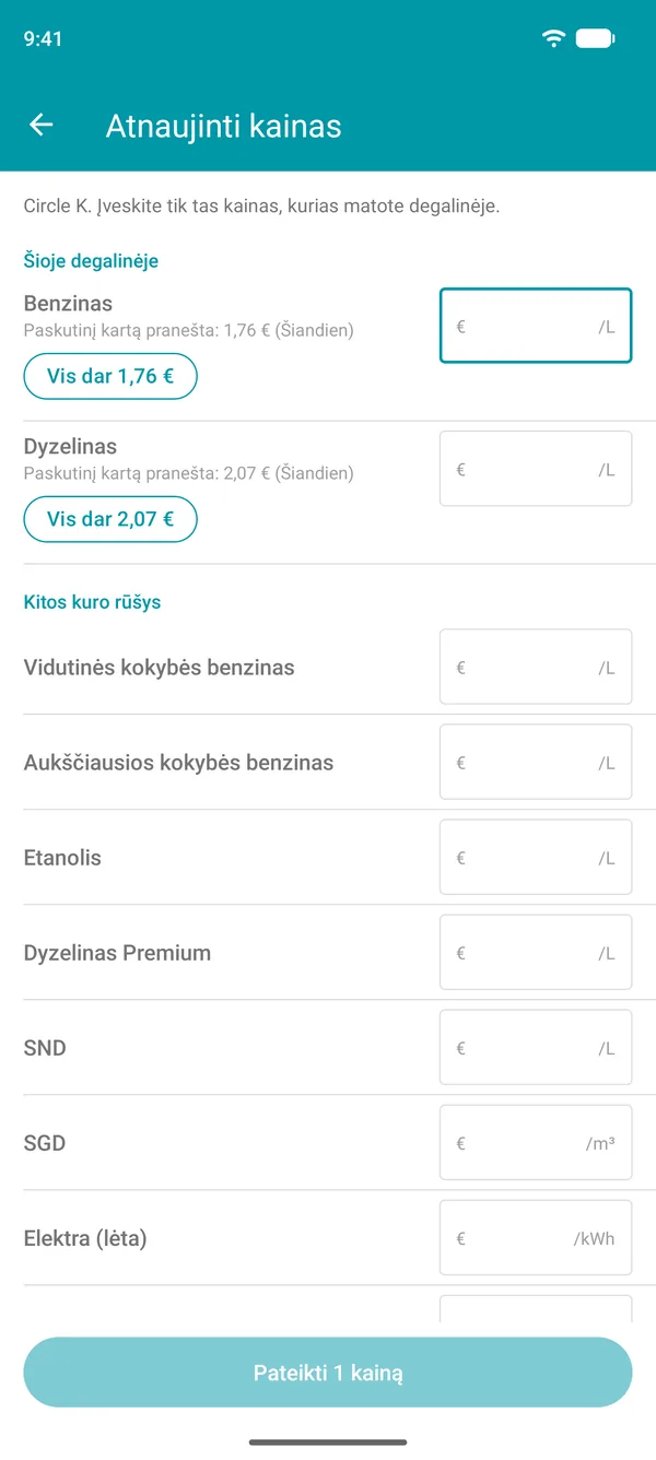 Kainų atnaujinimo ekranas Drivvo programėlėje su paskutine pranešta kiekvienos kuro rūšies kaina ir jos patvirtinimo mygtuku