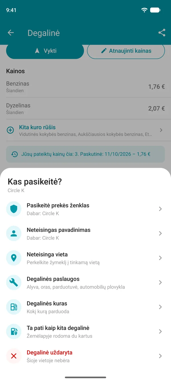 Pakeitimų siūlymo parinktys Drivvo programėlėje: prekės ženklas, pavadinimas, vieta, paslaugos, kuro rūšys, pasikartojanti arba uždaryta degalinė