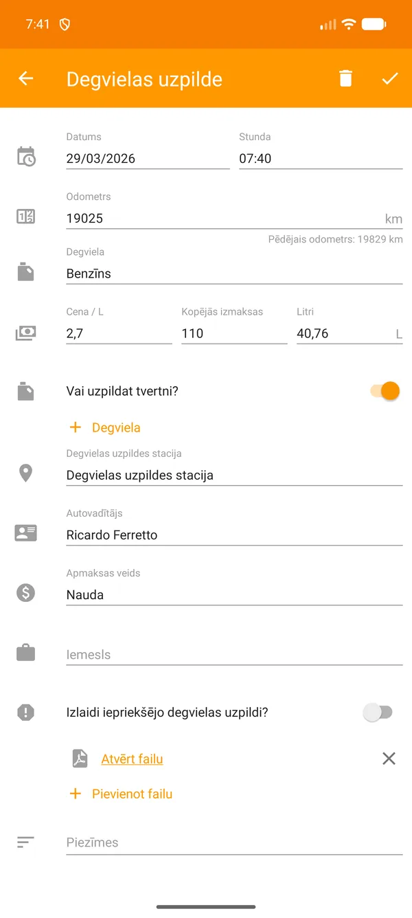 Drivvo — Reģistrācija — Degvielas uzpilde