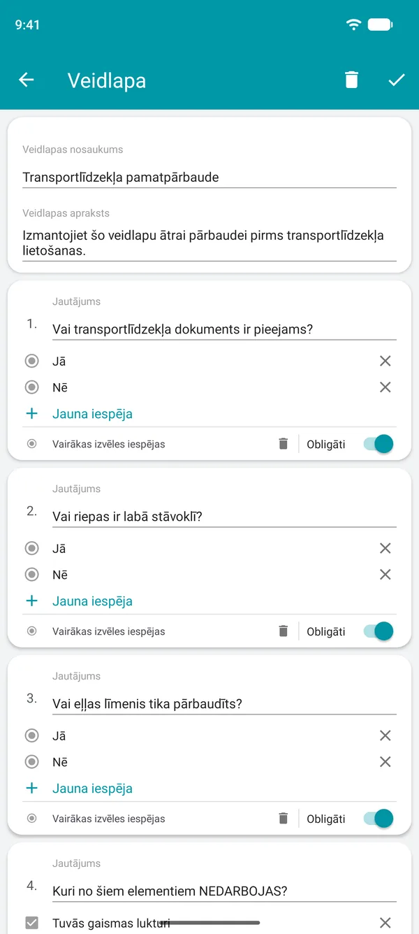 Kontrolsaraksta veidlapas izveide lietotnē Drivvo ar jā vai nē jautājumiem un obligātu lauku