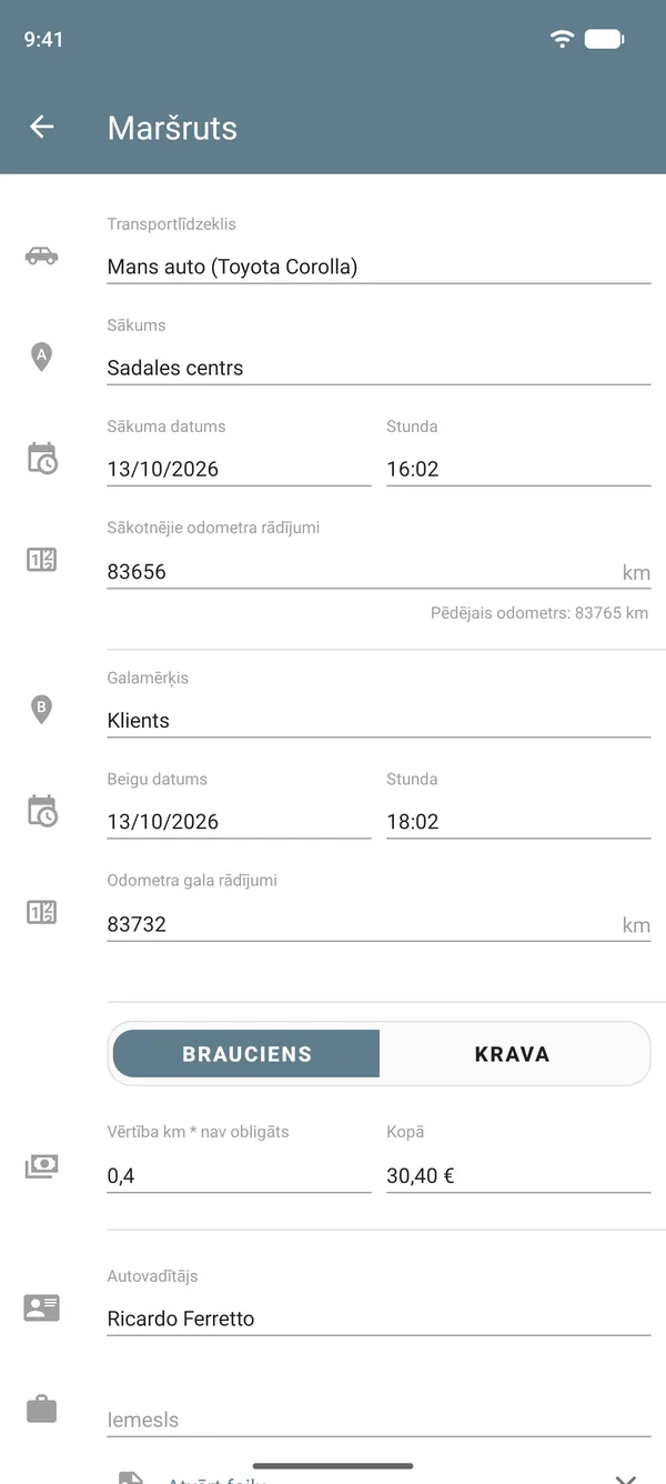 Maršruta ieraksts brauciena režīmā ar sākumpunktu, galamērķi, odometra rādījumiem, maksu par attāluma vienību un kopsummu