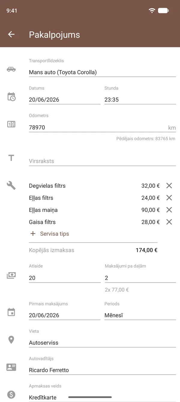 Apkopes ieraksts Drivvo ar eļļas maiņu, filtriem, izmaksām, odometra rādījumu un vietu