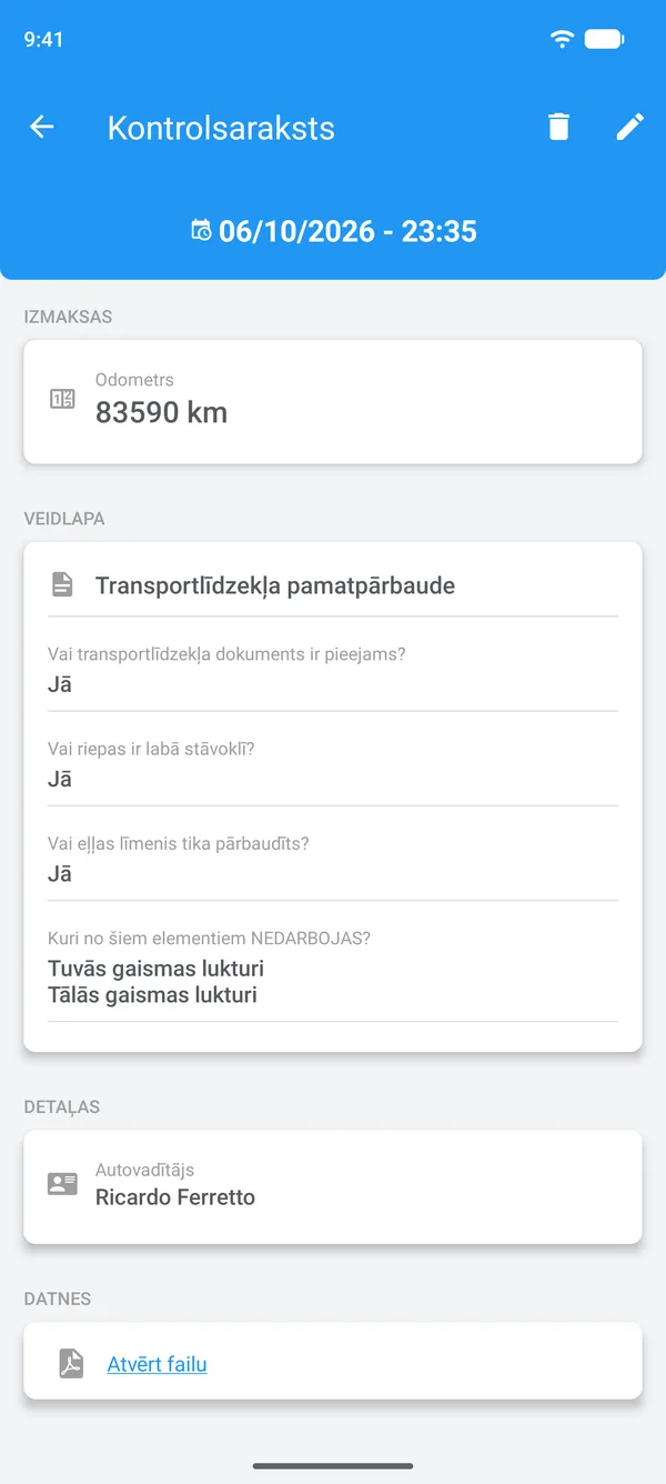 Drivvo aizpildīts kontrolsaraksts ar atbildēm, autovadītāju un pievienoto failu