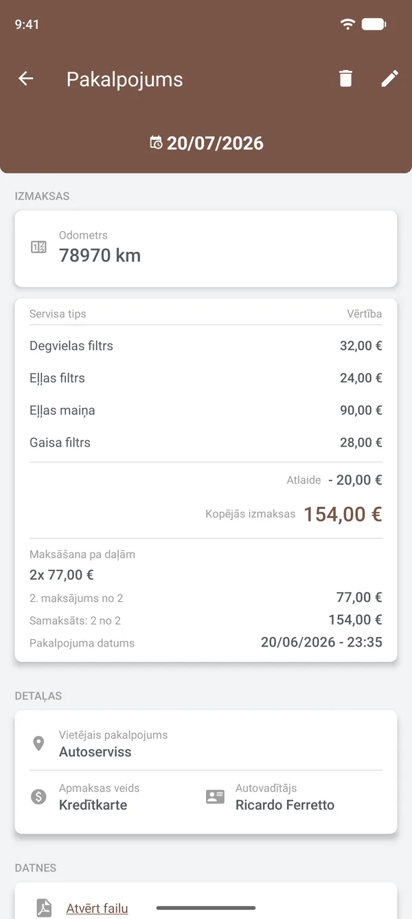 Apkopes informācija ar pozīcijām, atlaidi, maksājumiem pa daļām, vietu un autovadītāju