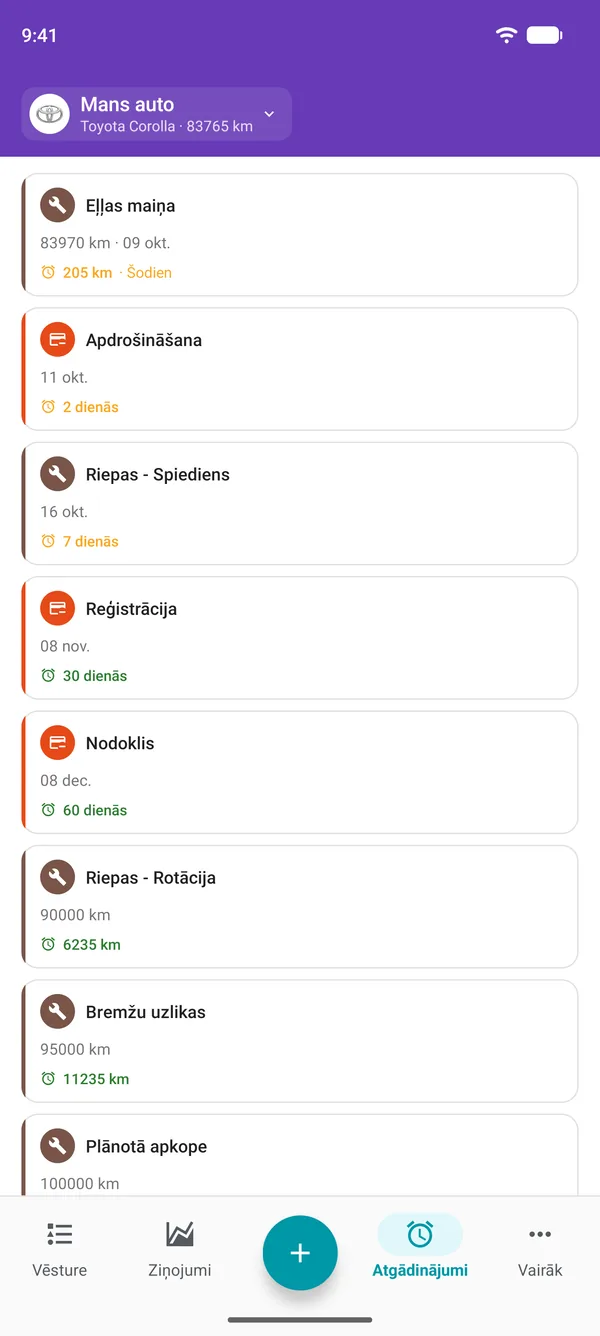 Atgādinājumi lietotnē Drivvo par apkopi, reģistrāciju un nodokļiem, norādot, cik ilgi vēl līdz katram termiņam