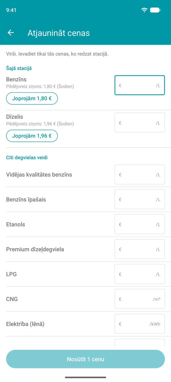 Cenu atjaunināšanas ekrāns Drivvo lietotnē ar katras degvielas pēdējo norādīto cenu un apstiprināšanas pogu