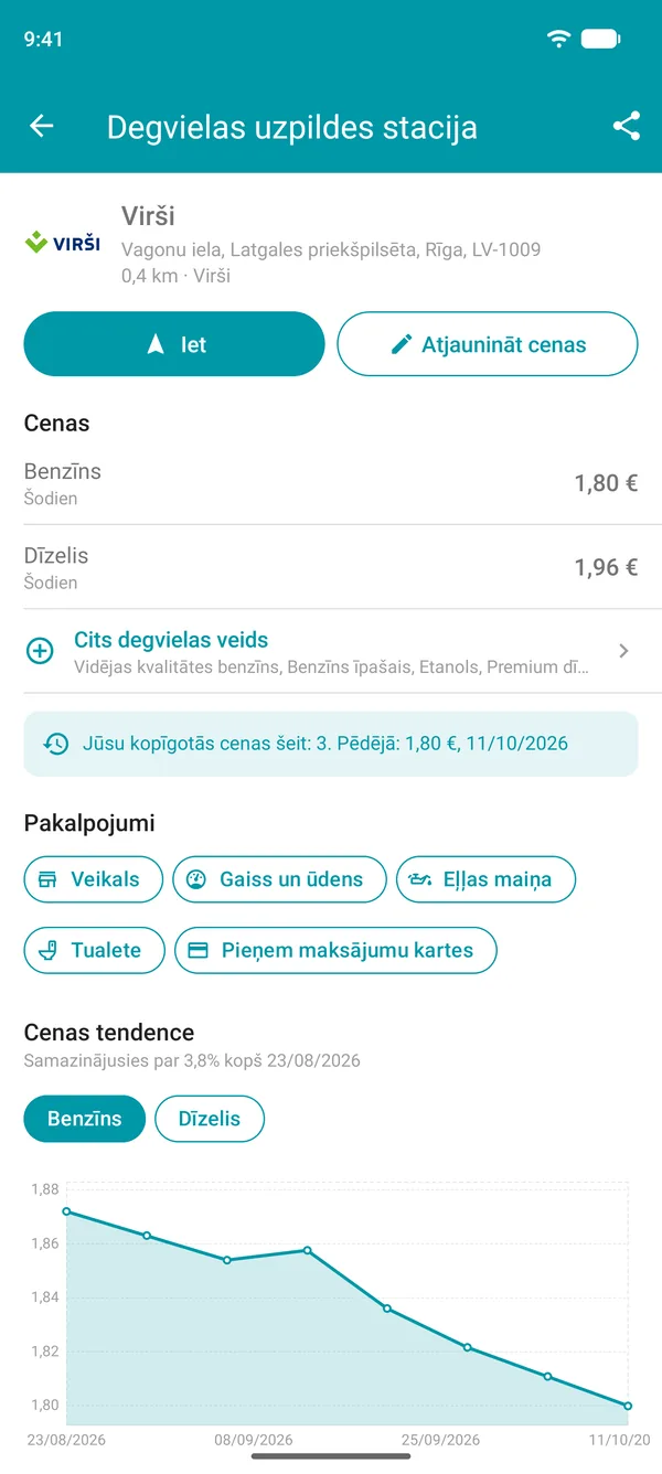 Degvielas uzpildes stacijas informācija Drivvo lietotnē ar degvielas cenām, pakalpojumiem un cenu vēstures diagrammu