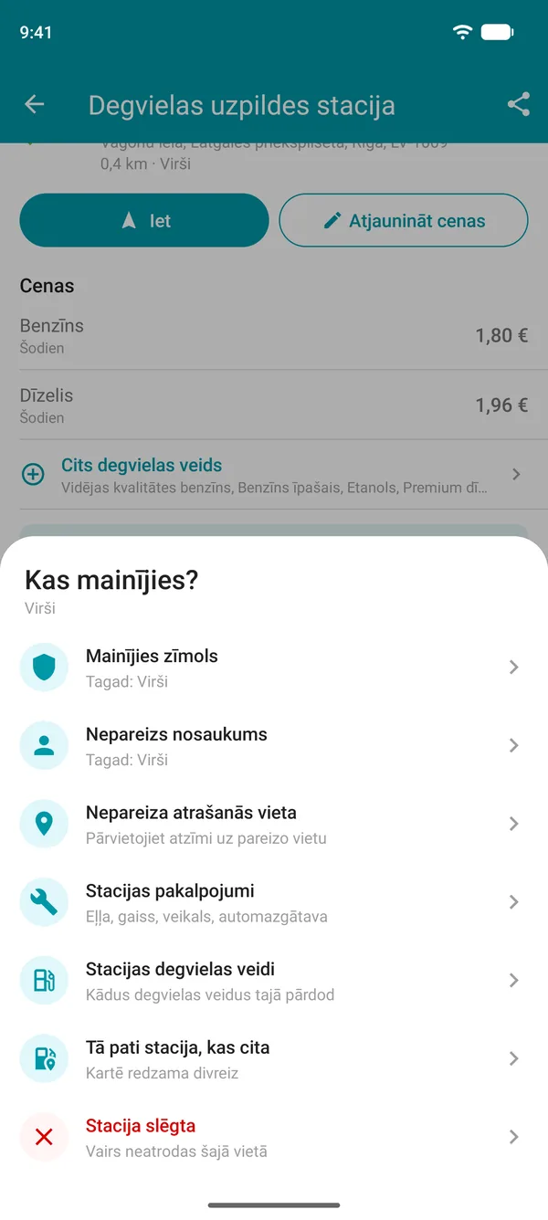 Izmaiņu ieteikšanas iespējas Drivvo lietotnē: zīmols, nosaukums, atrašanās vieta, pakalpojumi, degvielas veidi, dublēta vai slēgta stacija