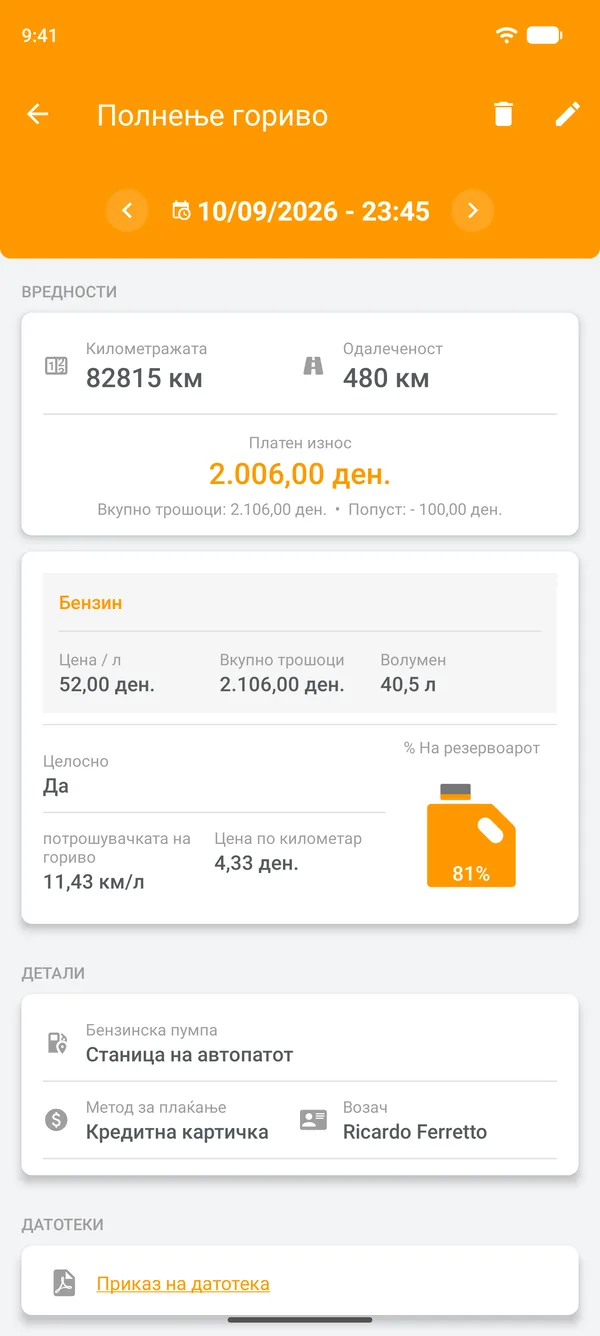 Зачувано полнење гориво со потрошувачка, поминато растојание и трошок по единица растојание