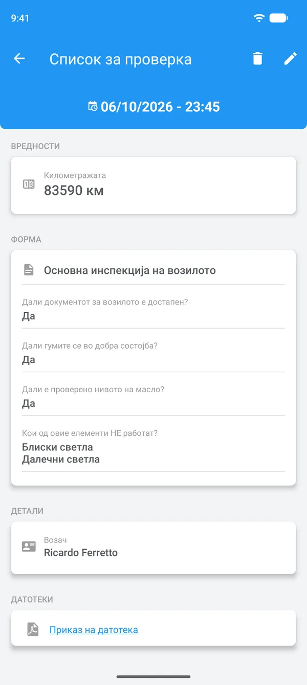 Пополнета контролна листа во Drivvo, со одговорите, возачот и прикачената датотека