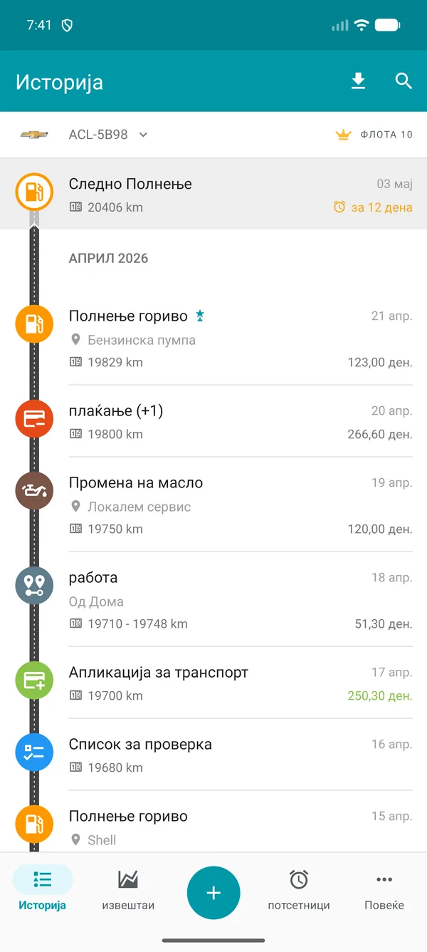 Drivvo — Историја на записи