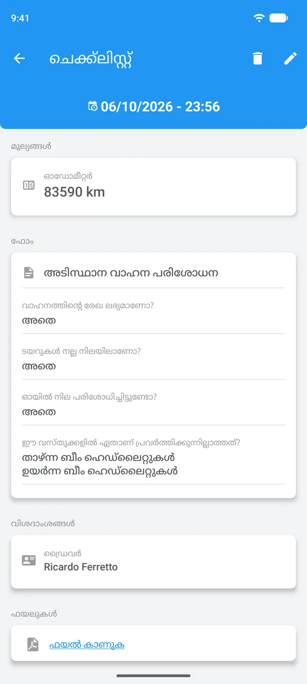 ഉത്തരങ്ങൾ, ഡ്രൈവർ, അറ്റാച്ച് ചെയ്ത ഫയൽ എന്നിവയോടുകൂടിയ Drivvo-യിലെ പൂർത്തിയാക്കിയ ചെക്ക്ലിസ്റ്റ്
