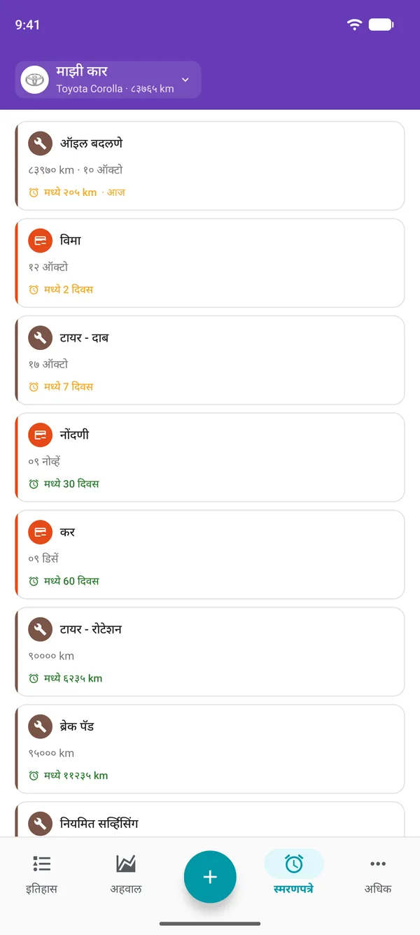 Drivvo ॲपमधील सेवा, नोंदणी आणि कर यांची स्मरणपत्रे, प्रत्येकाची मुदत किती दिवसांनी आहे यासह