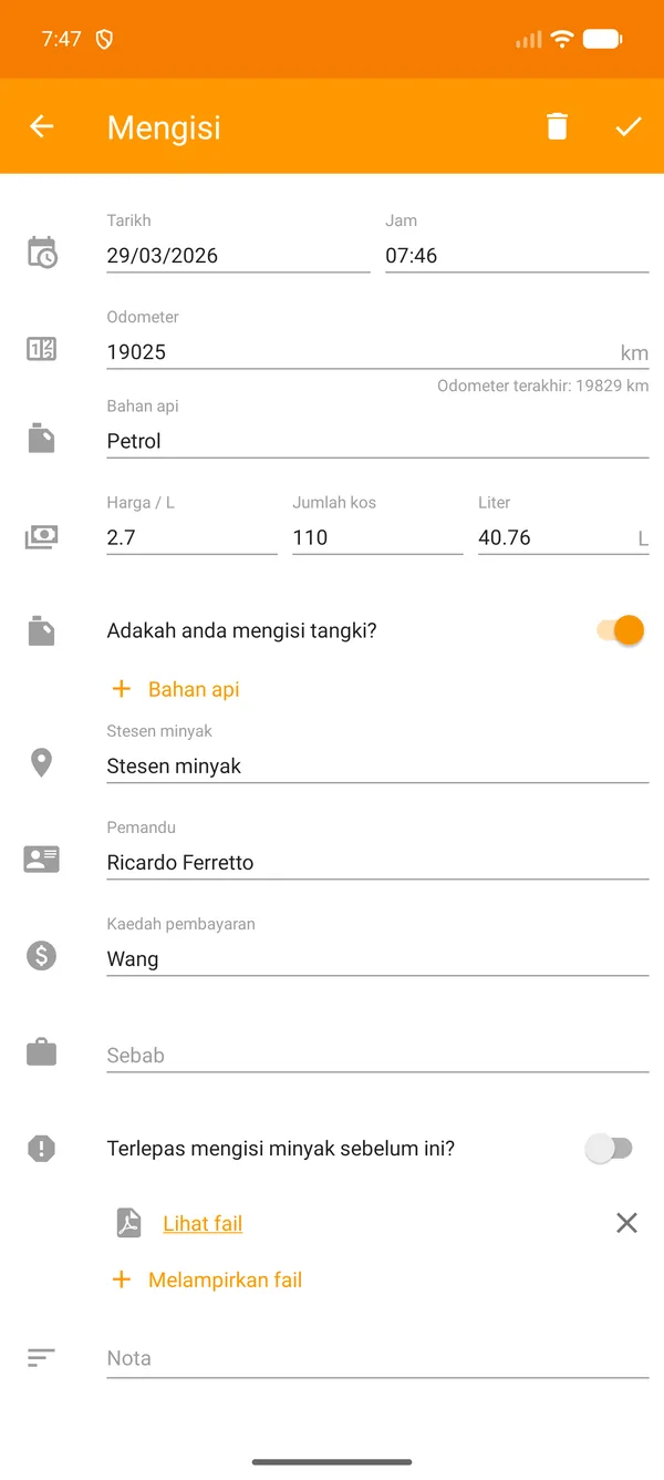 Drivvo — Pendaftaran — Mengisi
