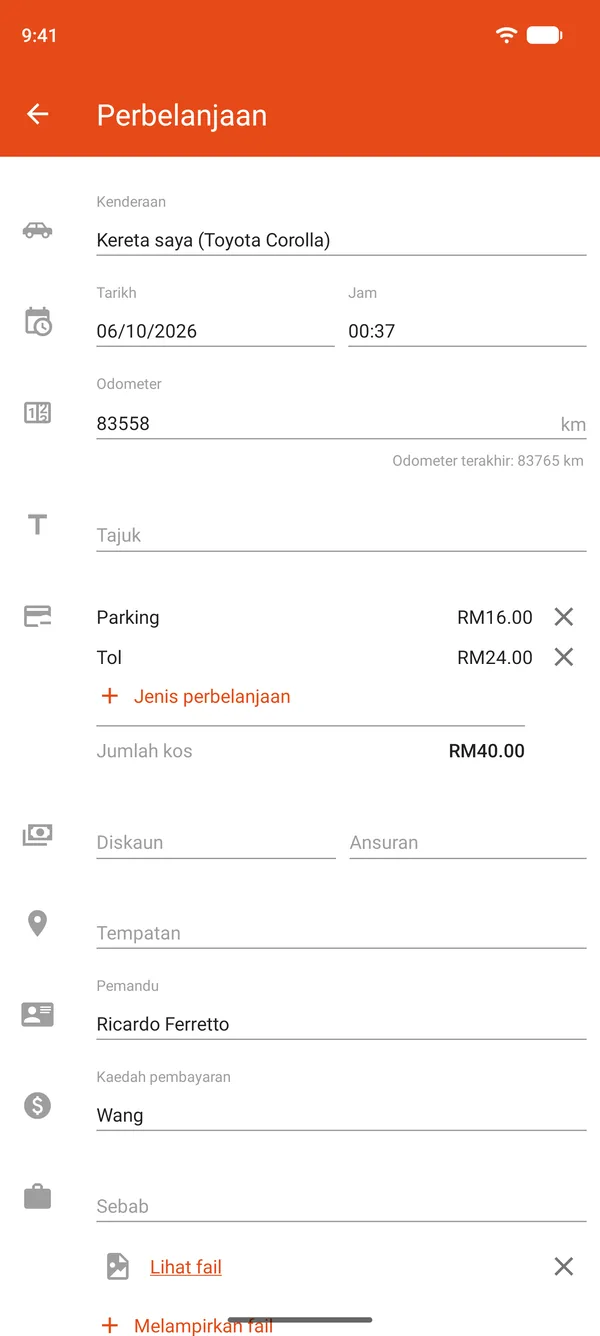 Rekod perbelanjaan parkir dan tol, dengan diskaun dan bayaran ansuran