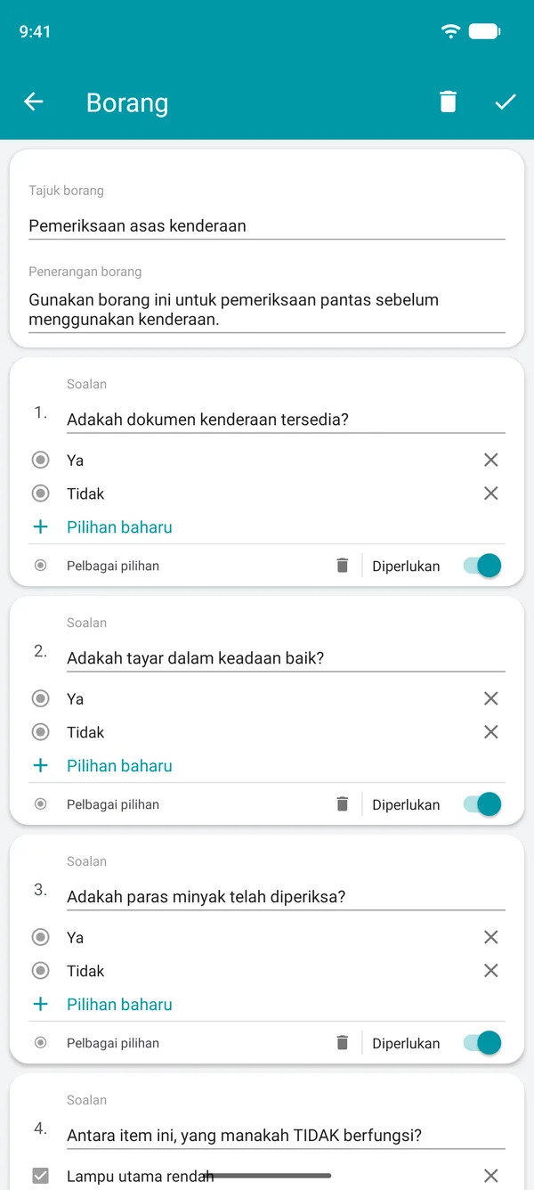 Membina borang senarai semak dalam aplikasi Drivvo, dengan soalan ya atau tidak dan medan wajib