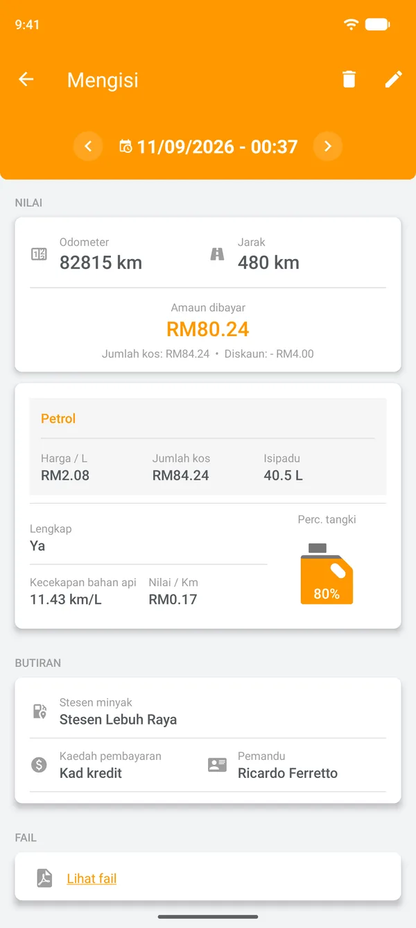 Rekod pengisian minyak yang disimpan dengan kecekapan bahan api, jarak perjalanan dan kos per unit jarak