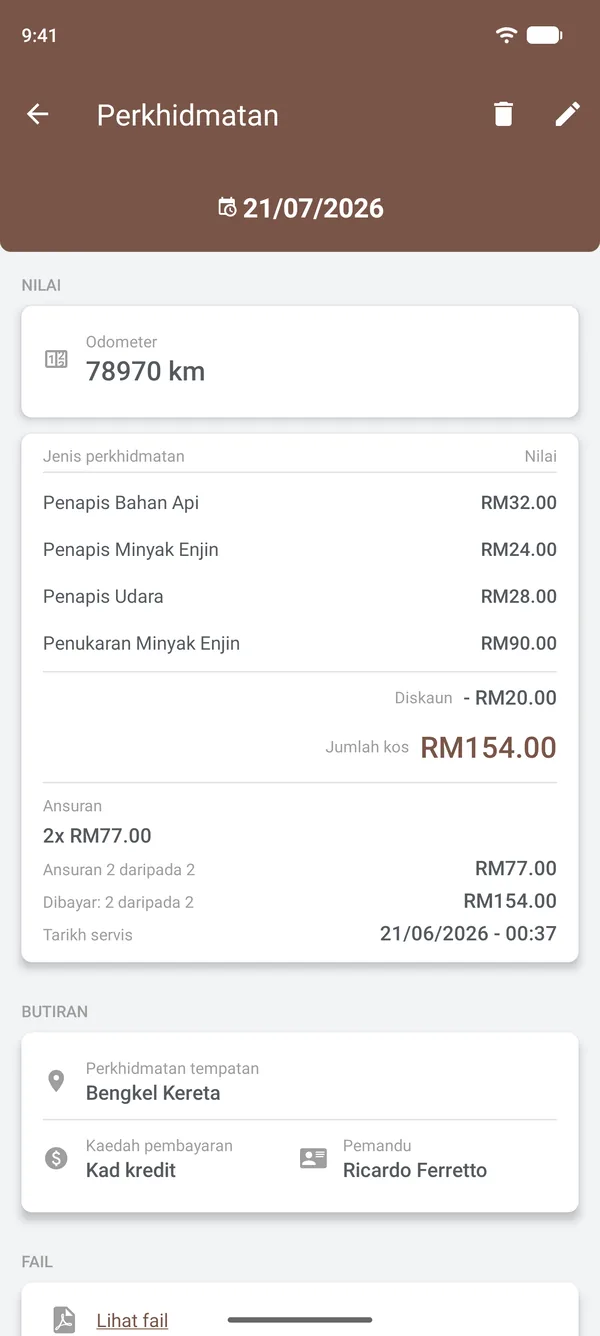 Butiran servis dengan item, diskaun, ansuran, lokasi dan pemandu