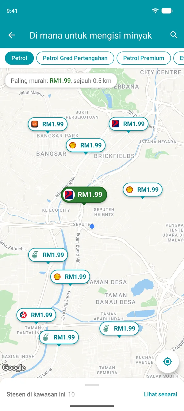 Peta dalam aplikasi Drivvo yang menunjukkan harga petrol di setiap stesen minyak berhampiran anda dan stesen termurah dalam warna hijau